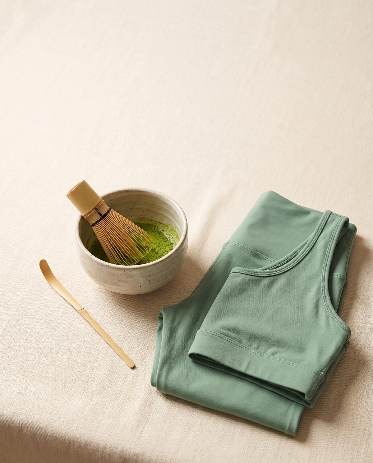 Matcha teászertartás kellékei – csésze, bambusz habverő és kanál – az összehajtott matcha színű organikus pamut szett mellett