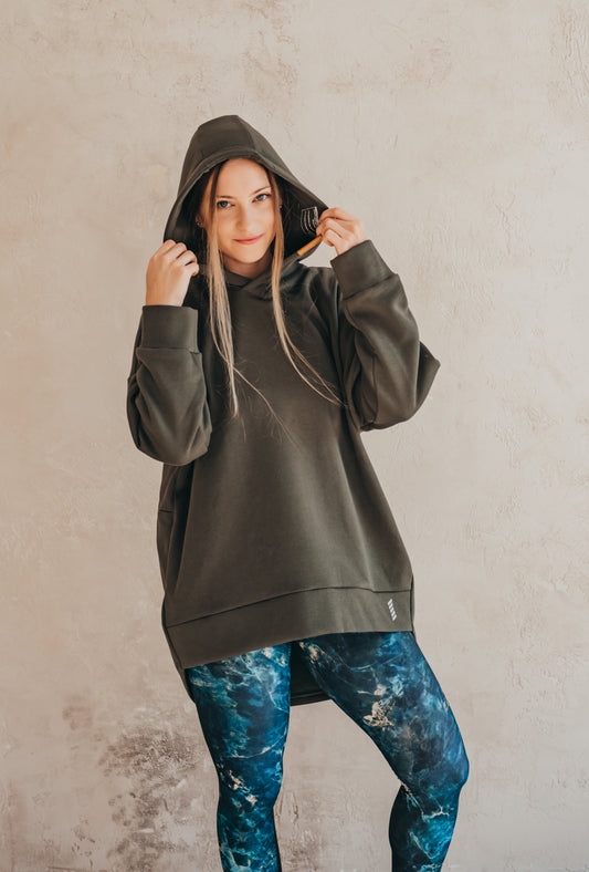 Kapucnis-Hooded jóga / streetwear jóga, pilates pulóver IKIGAI OLIVA